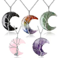 Collar de ￡rbol de moda Collar de alambre Wrap Crescent Moon Crystal Pendants Chip Chip Stone Natural Resina Acero inoxidable 8 colores