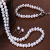 Gioielli per perle fine 18 pollici set naturale set naturale 8-9 mm Necklace White Pearl Oreger Bracciale 925 Silver Clasp306r