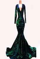 Emerald Green Velvet Mermaid Evening Dresses With Long Sleeve 2020 Sparkly Luxury Requins Winter Party Prottric Orgen9894267