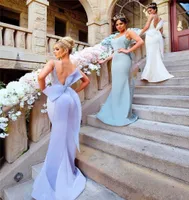2019 New Mermaid Long Bridesmaid Dresses Sexy Sexy Backless Spaghetti Straps with Big Bow Sash Prom Wedding Guest Dronses Evening Gowns4421303