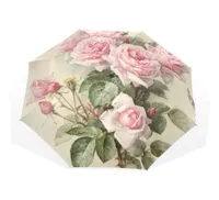 Vintage Shabby Floral Print Women Rain Umbrella Chic Pink Rose Three Folding Girl Duurzaam draagbare automatische parapluie 2112272082274