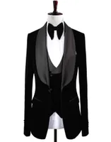 Настоящий PO Black Velvet Groom Tuxedos Mens Prom Part Party Cuits Компания для брюк для жилета
