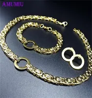 AMUMIU Byzantine Gold Chain Necklace Bracelets Earring Set For Men Women 316L Stainless Steel Fashion High Quality Party HZTZ113 24136693