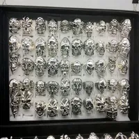 Whole 50pcs lot Gothic Big Skull Ring Bohemian Punk Vintage Antique Silver Mix Style Mens Fashion Jewelry Skeleton Ring Size 20MM-22MM273V