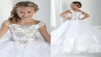 Tiered Tulle Crystal Long Girl039S Pageant Dresses Cap Sleeves Lace Up Back Princess Flower Girls Dress Complical Party Party 7771487