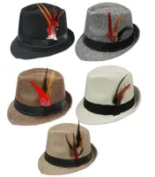 صيف جديد Trilby Fedora Hats Straw with Feather for Mens Fashion Jazz Panama Beach Hat 10pcslot7815419