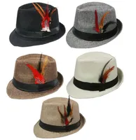 Neuer Sommer Trilby Fedora Hüte Stroh mit Feder für Herren Mode Jazz Panama Beach Hut 10pcslot5743228
