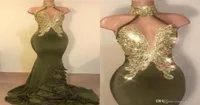 Oilve Green Charming Sexy Mermaid Prom Dresses High Jewel Neck Gold Applique Sweep Train Formal Dress Evening Wear Party Gowns ogs6349223