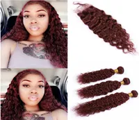 Burgundy Peruvian Water Wave Human Hair Weave Bundles with Closure 99J Wine Red Wet and Wavy Virgin Hair Lace Closure 4x4 with 3B