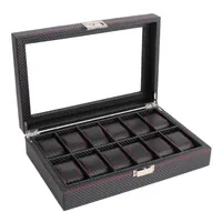 Outad 12 Slots Luxury Carbon Fiber Box Jewelry Watch Spán de almacenamiento Rectángulo Rectángulo de cuero negro Case191o