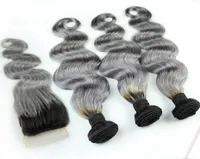 1BGREY Brazilian ombre Human Hair Bundles with Silver Grey Lace Fermeure Two Tone Clair Weave With Close Body Wavy 4PCSL1849712