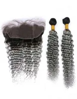 Deep Wave Brazilian Silver Gray Ombre Human Hairs 2PCS مع 3pcs Lot 1Bgrey Ombre 13x4 الإغلاق الأمامي مع W3842902