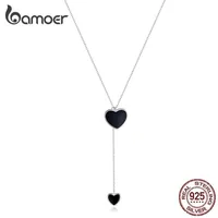 Double Heart Necklace for Women Simple Black Emamel Y-Shape Chain Halsband 925 Femme Sterling Silver Jewelry BSN095 2202092070