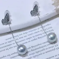 22091712 DiamondBox -Jewelry Earrings Studs de orelha prateada p￩rola cinza esterling 925 prata borboleta zirconia rhineston long akoya 9mm redond256n