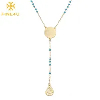 Fine4u N314 Edelstahl Muslim Arabisch bedrucktes Anhänger Halskette Blaue Farbkügelchen Rosenkranz Halskette Langkettige Schmuck 307n