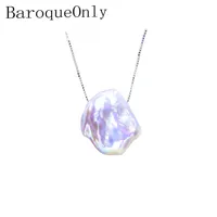 BaroqueOnly light purple irregular baroque flat pearl high luster 15-20mm 925 silver sterling box chain pendant necklace Q0531238u