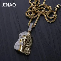 Jinao Gold Farbe ECED Kette Kubik Zirkon religiöser Geist Jesus Kopf Anhänger Halsketten Männer Geschenke Hip Hop Bling Schmuck X0509298u