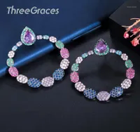 Hoop Huggie ThreeGraces Luxury Round Water Drop Dangle Big Earrings For Women Party Fashion Rainbow Cubic Zircon Boho Jewelry ER5309714