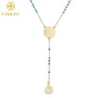 Fine4u N314 Edelstahl Muslim Arabisch bedrucktes Anhänger Halskette Blau -Farbperlen Rosenkranz Halskette Langkettiger Schmuck 310t