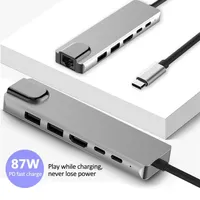 Esta￧￣o de ancoragem USB 6 em 1 Adaptador multiporto de HDTV com RJ45 Ethernet PD Charging Ports Splitter para PC MacBooks Tablet246s