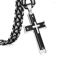 Chains Punk Religious Christian Cross Stainless Steel Pendants Necklaces For Men Black Silver Color Long Link Chain Necklace CollierCha205A