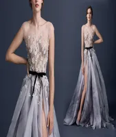 Romantic Sheer Applique Sequin Bling Evening Dresses 2015 Crew Hollow Back A Line Floor Length Side Split Tied Sash Bow Purple Eve4085025