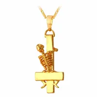 Naszyjniki wisiorek u7 Odwrócony St Peter Cross Naszyjnik Złota Kolor Czaszka Gotycka okultystyczna Satanistyka Mężczyźni Biżuter Diabel do góry nogami P8233144