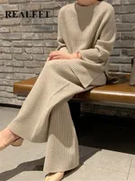 Women's Two Piece Pants REALEFT Autumn Winter 2 Pieces Women Sets Knitted Tracksuit O-Neck Split Sweater and Wide Leg Jogging Pullover Suits 221119