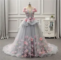 Gorgeous Colorful Ball Gown Prom Dresses 2018 Spring Summer Light Gray Flora Appliques Evening Gowns Lace Up Back Peplum Party Dre7548811