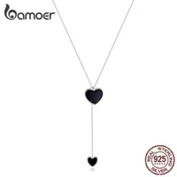 Double Heart Necklace for Women Simple Black Emamel Y-Shape Chain Halsband 925 Femme Sterling Silver Jewelry BSN095 220209178G
