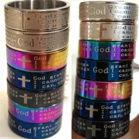 Lot de mistura inteira 100pcs homens mulheres coloridas em inglês oração de serenidade de aço inoxidável deus anéis bíblia jóias religiosas 262J