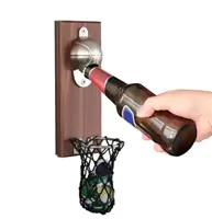Stock Creative Magnetic Bottle Opener Wall Mounted Fridge Beer Openers Embedded Solid Wood Magnet Cap Catcher For Wine Beer Zinc A