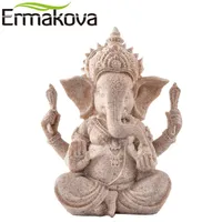 ERMAKOVA 13cm3 5 Tall Indian Ganesha Statue Fengshui Sculpture Natural Sandstone Craft Figurine Home Desk Decoration Gift Y200106266o