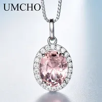 UMCHO Luxury Pink Sapphire Morganite Ciondolo per donne Real 925 Collane in argento Sterling Link Gioielli Regali di fidanzamento Nuovo Y19051229S