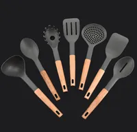 7pcsset maçaneta de madeira ferramentas de cozinha preta utensílios de cozinha de cozinha de silicone