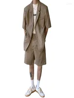 Men039s Suits Korean Fashion Men 2PCS Vintage Plaid Sets Short Sleeve Blazers Coat Shorts Male Streetwear Chic Suit Jacket Pant6915717