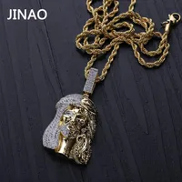 Jinao Gold Farbe ECED Kette Kubik Zirkon religiöser Geist Jesus Kopf Anhänger Halsketten Männer Geschenke Hip Hop Bling Schmuck X0509284n