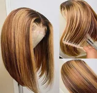 Destaque Short Bob Human Hair peruca brasileira Lace reta Frontal Wig para mulheres ombre marrom fechamento sintético Wigs6372712