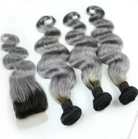 1BGREY Brazilian ombre Human Hair Bundles with Silver Grey Lace Fermeure Two Tone Clair Weave With Close Body Wavy 4PCSL9842381