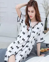 Print Bow Nighty Satin Nightgown Women Short Sleeve Sleepshirt Summer Homewear9819396