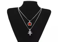 Egyptische Ankh Key of Life Bling Rhinestone Cross Pendant met rode Ruby Pendant Necklace Set Men Woman Fashion Hip Hop Jewelry Part9012330