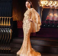 Serene Hill Gold Plus Size Sereia elegante vestidos de noite luxo 2021 Ploras Miangas com Capa para festa feminina la707381168076