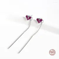 Dangle Earrings LKO Real S925 Sterling Silver Simple Rose Red Love Heart Tassel Drop