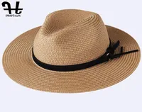 Furtalk Sommerstroh für Frauen Strandhut Männer Jazz Panama Hats Fedora Wide Rand Sonnenschutzmütze mit Ledergürtel Y2006023494724