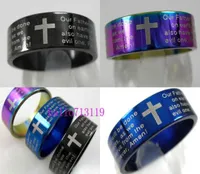 Whole Jewelry Lots 50pcs English Lord039s Prayer Bible Cross Stainless Steel Rings Men039s Fashion Jesus Wedding Rings R1691651
