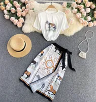 Singreiny Women Summer Design Dresses Korean Horse Print Set Short Sleeve O Neck White Tshirt High Waist Midi Skirt Two7308451