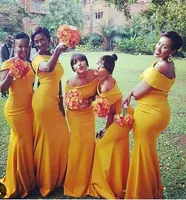 2019 Plus Size Mermaid Long Bridesmaid Dresses african black girl Bateau Neck Nigeria Yellow Ruched Sweep Train african Gowns Vest9576329