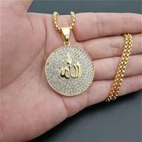 Хип -хоп обледененный круглый подвесной ожерелье из нержавеющей стали Ислам мусульманский арабский золотой цвето