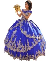 2022 Royal Blue Gold Applique Quinceanera Dresses Ball Gown Pufpy Off The Alwem для женщин Laceup Sweet 16 Prom Girls9355759