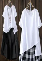 Plus Size High Quality Women039s 2 Piece Sets White Cotton Linen Blouse Shirts Women Black Plaid Shorts Skirts Two Dress9037521